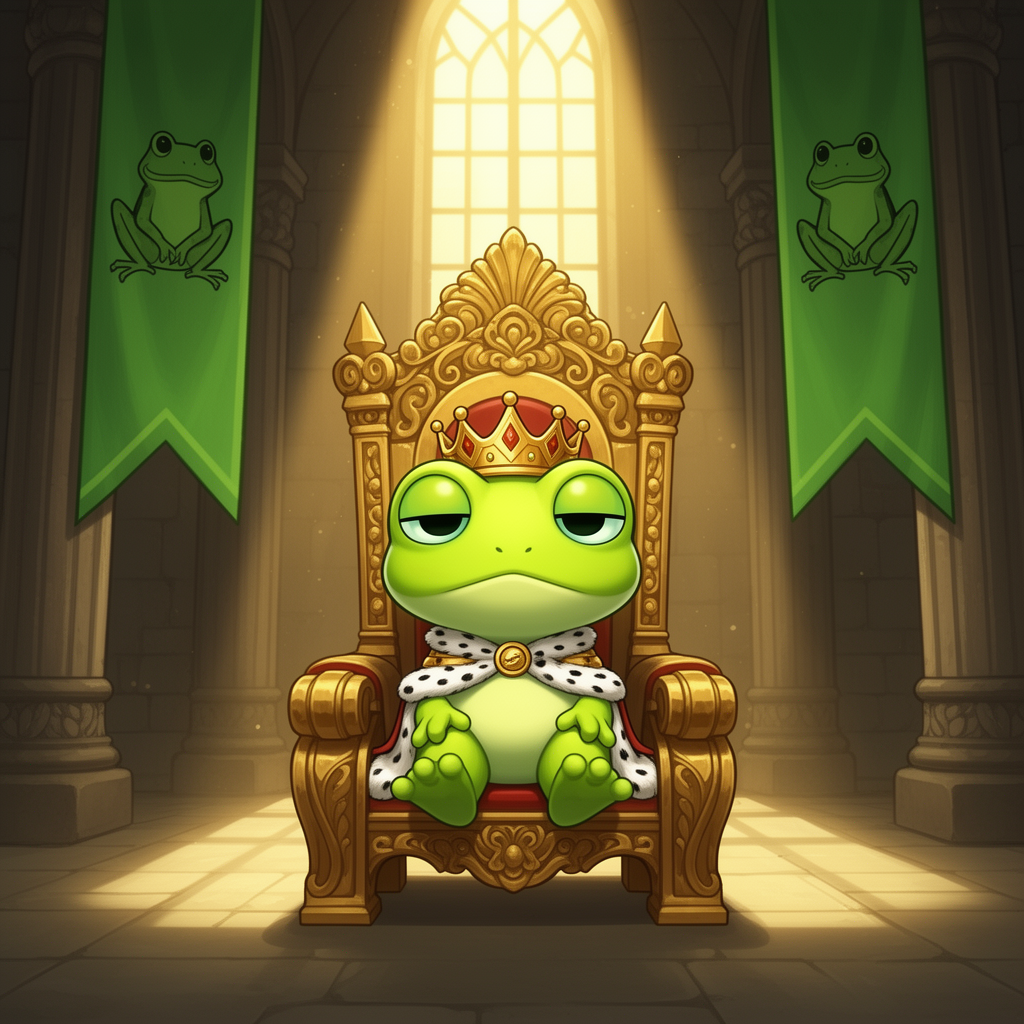 Baby PEPE sitting on a royal throne